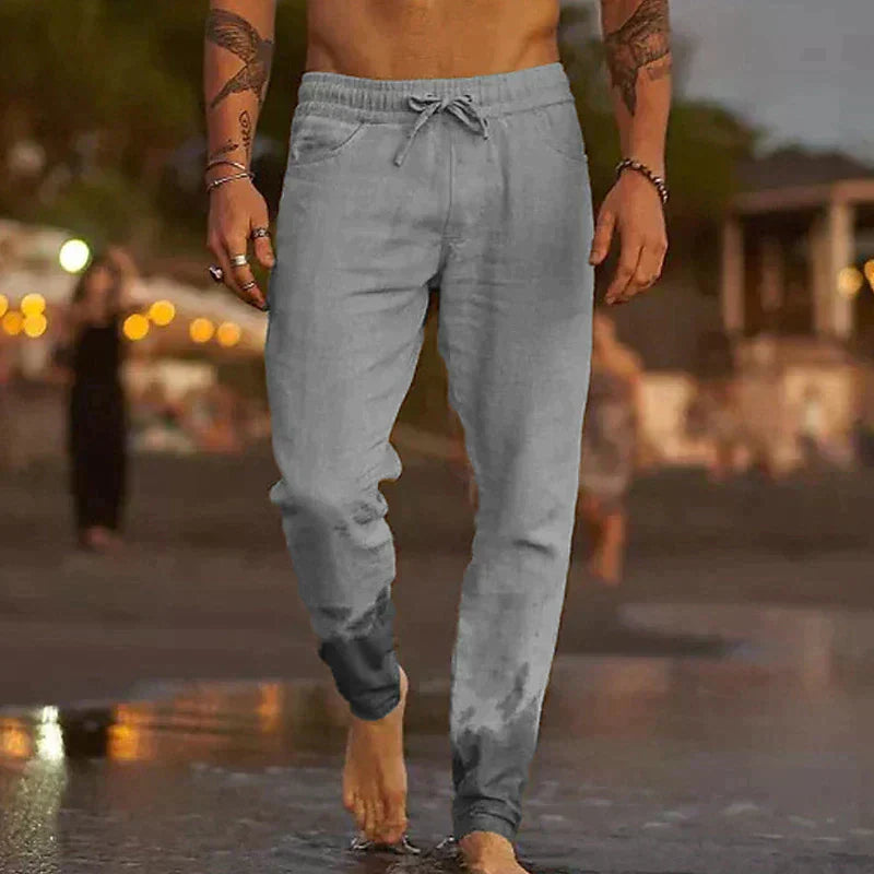 Men's Linen Blend Pants with Drawstring Waist and Gathered Ankles