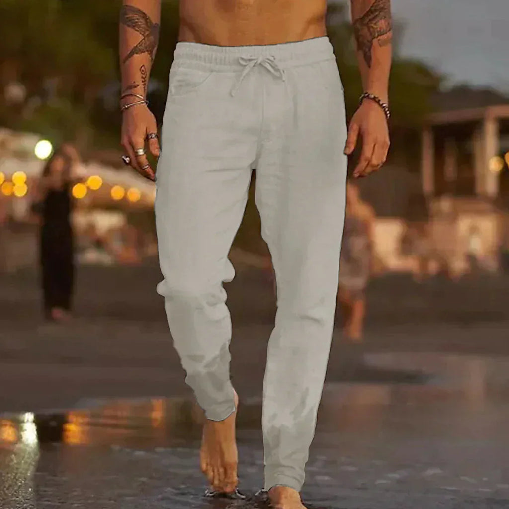 Men's Linen Blend Pants with Drawstring Waist and Gathered Ankles