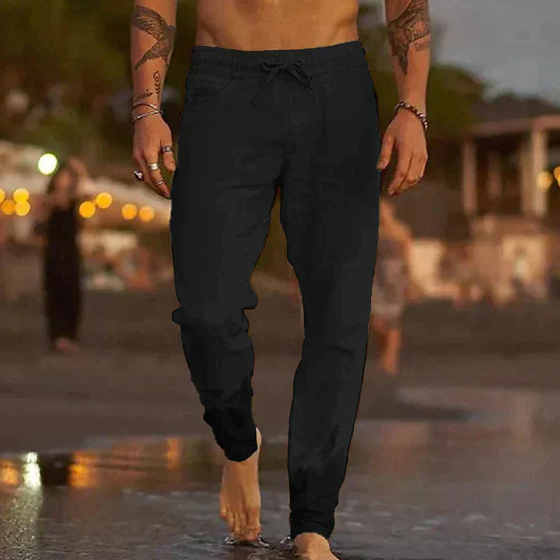 Men's Linen Blend Pants with Drawstring Waist and Gathered Ankles