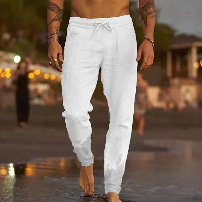 Men's Linen Blend Pants with Drawstring Waist and Gathered Ankles