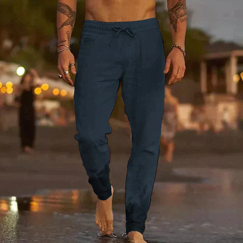 Men's Linen Blend Pants with Drawstring Waist and Gathered Ankles