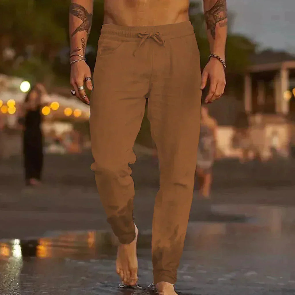 Men's Linen Blend Pants with Drawstring Waist and Gathered Ankles