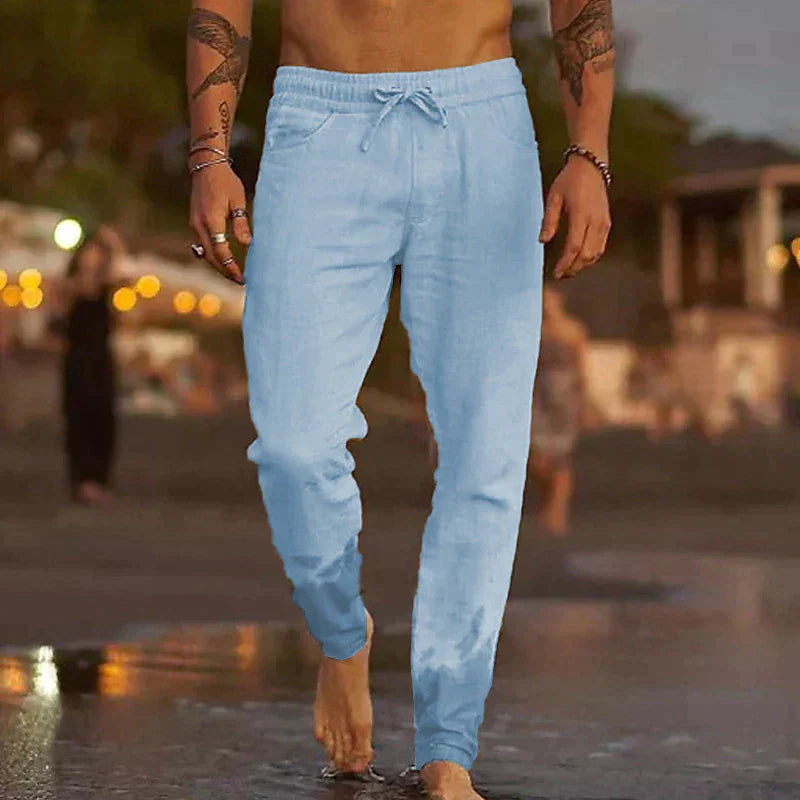 Men's Linen Blend Pants with Drawstring Waist and Gathered Ankles