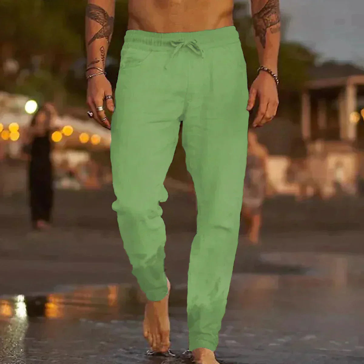 Men's Linen Blend Pants with Drawstring Waist and Gathered Ankles