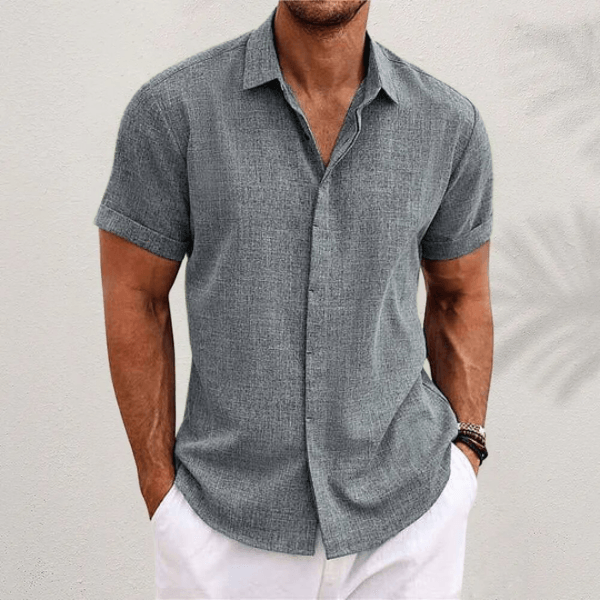 Men's Linen-Blend Shirt with Short Sleeves and Button Placket