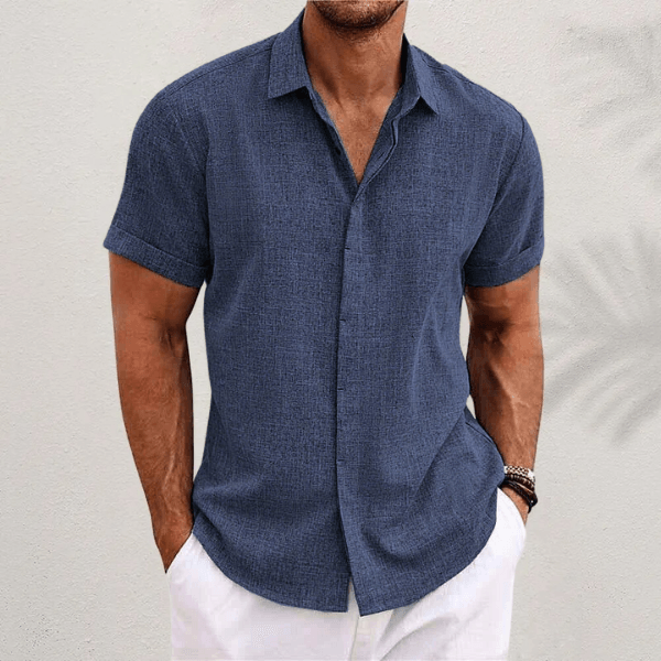 Men's Linen-Blend Shirt with Short Sleeves and Button Placket
