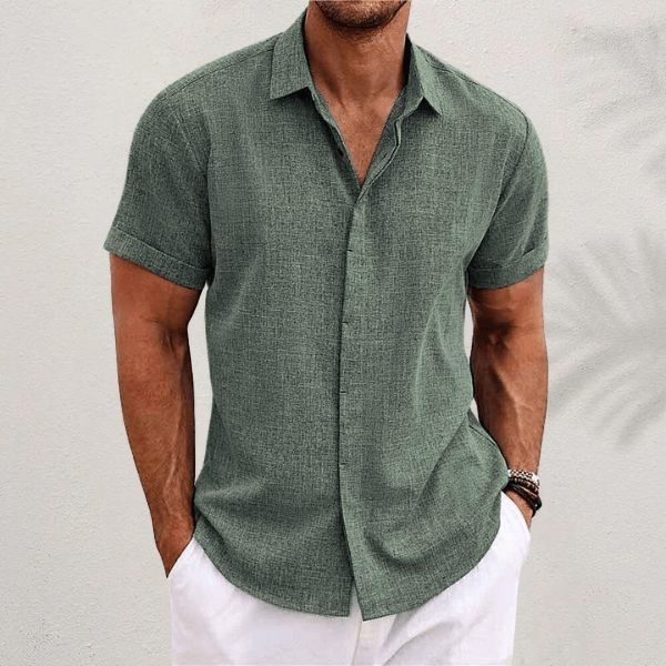 Men's Linen-Blend Shirt with Short Sleeves and Button Placket