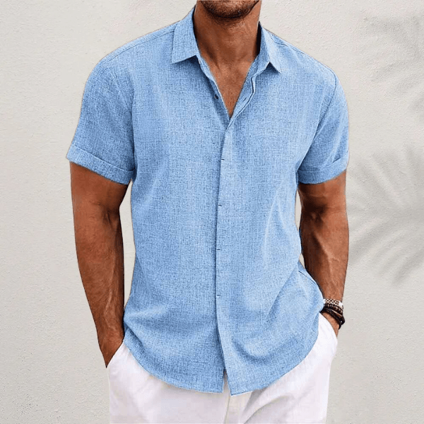 Men's Linen-Blend Shirt with Short Sleeves and Button Placket