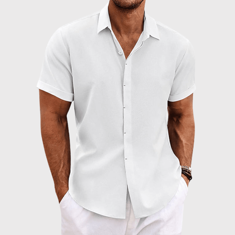 Men's Linen-Blend Shirt with Short Sleeves and Button Placket