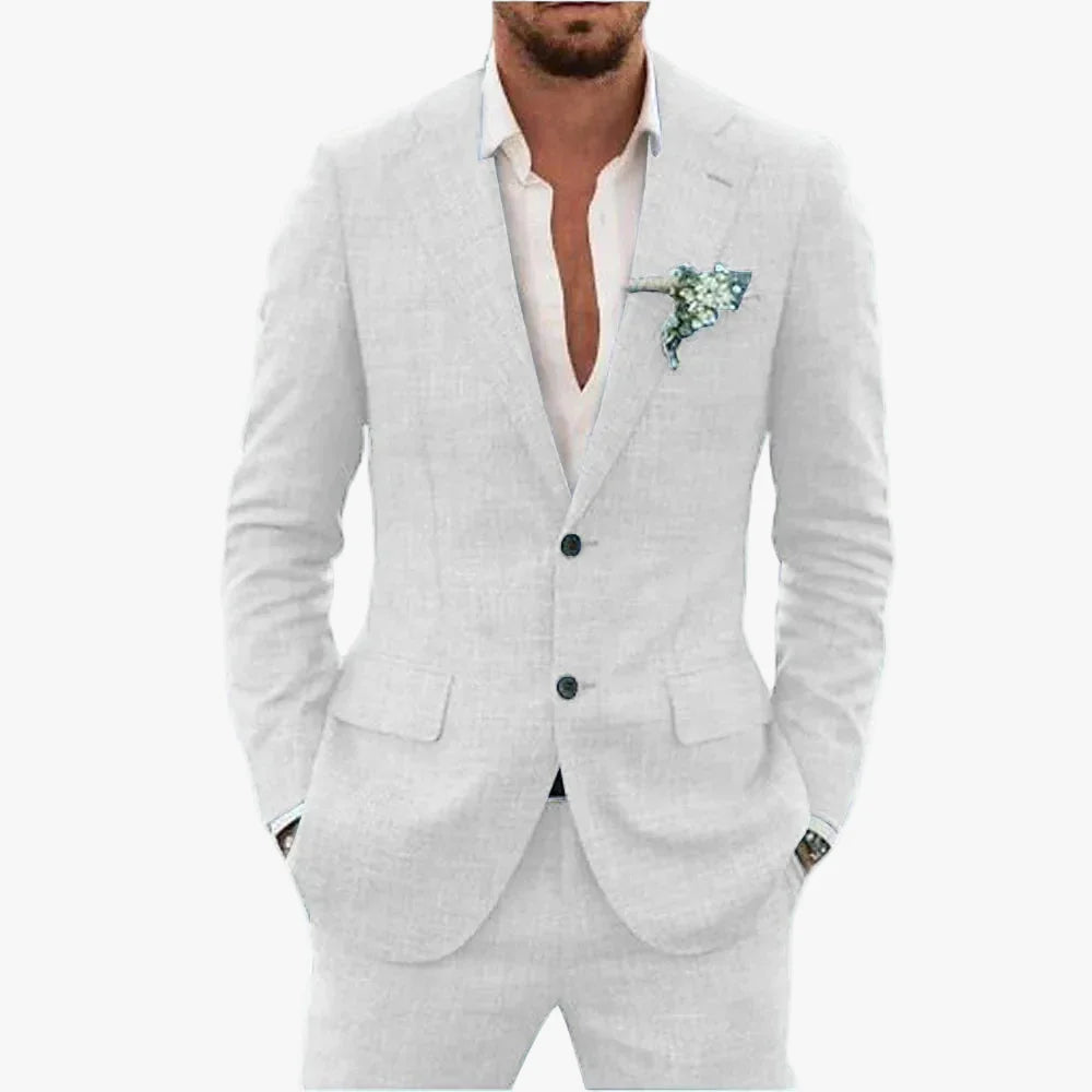 Men's Linen-Blend Suit Set with Notch Lapels and Two Buttons