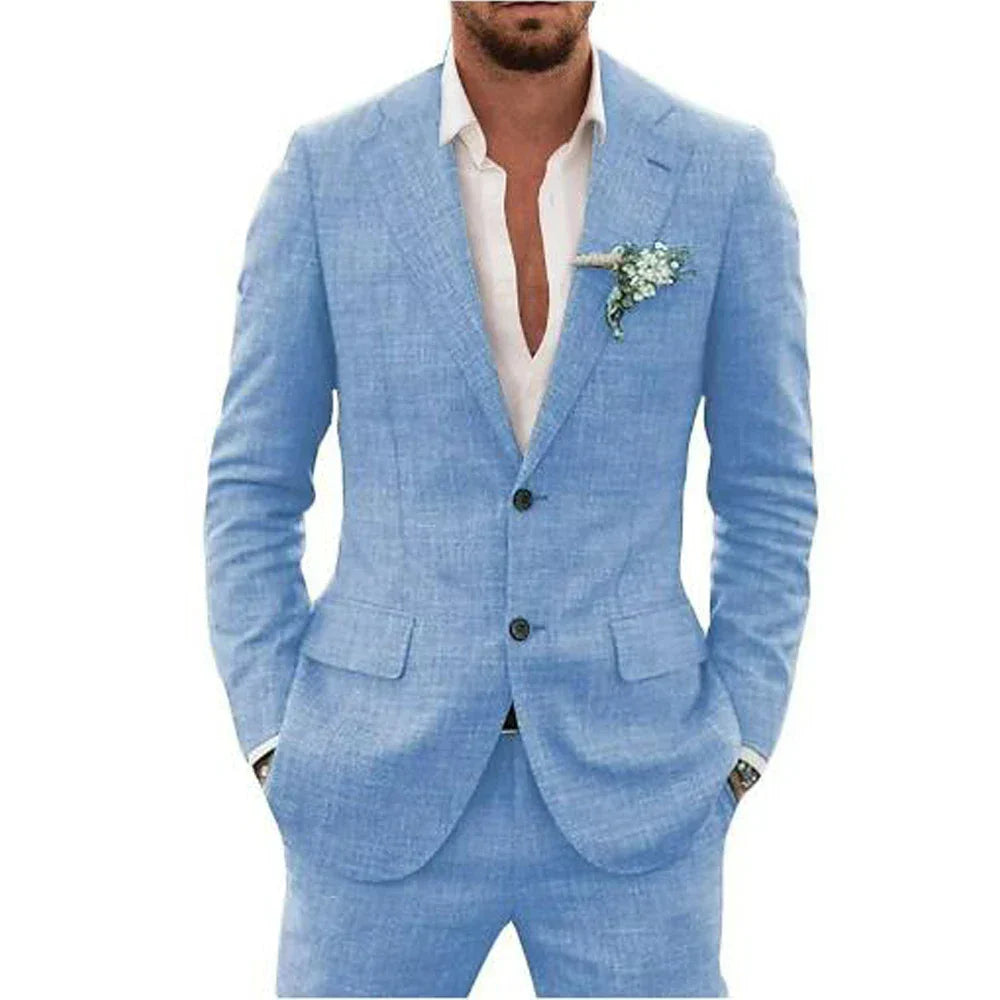 Men's Linen-Blend Suit Set with Notch Lapels and Two Buttons