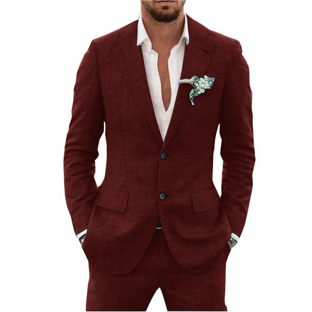 Men's Linen-Blend Suit Set with Notch Lapels and Two Buttons