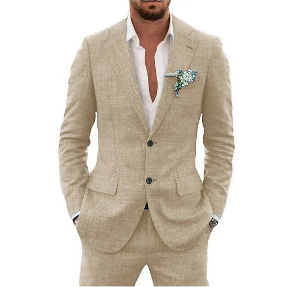 Men's Linen-Blend Suit Set with Notch Lapels and Two Buttons