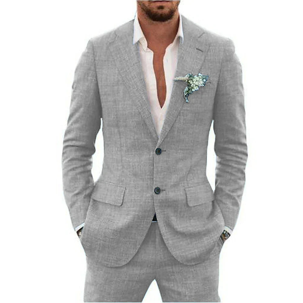 Men's Linen-Blend Suit Set with Notch Lapels and Two Buttons
