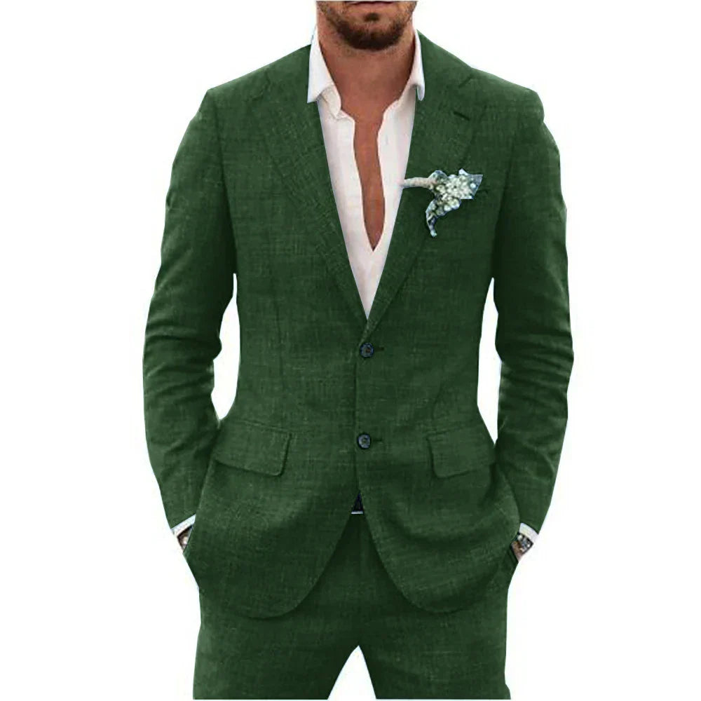 Men's Linen-Blend Suit Set with Notch Lapels and Two Buttons