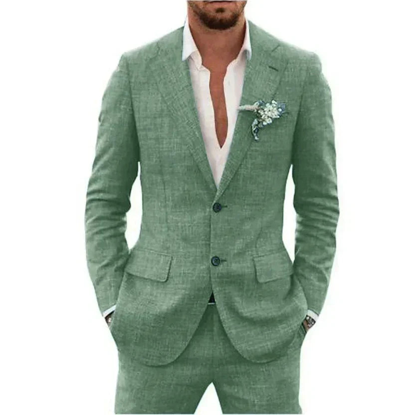 Men's Linen-Blend Suit Set with Notch Lapels and Two Buttons