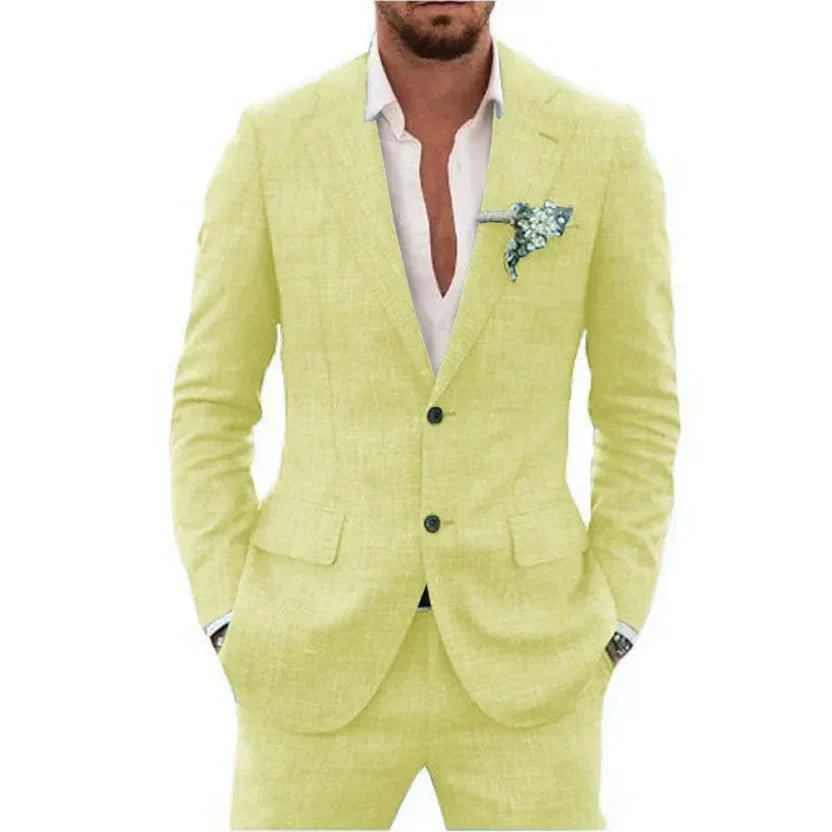 Men's Linen-Blend Suit Set with Notch Lapels and Two Buttons