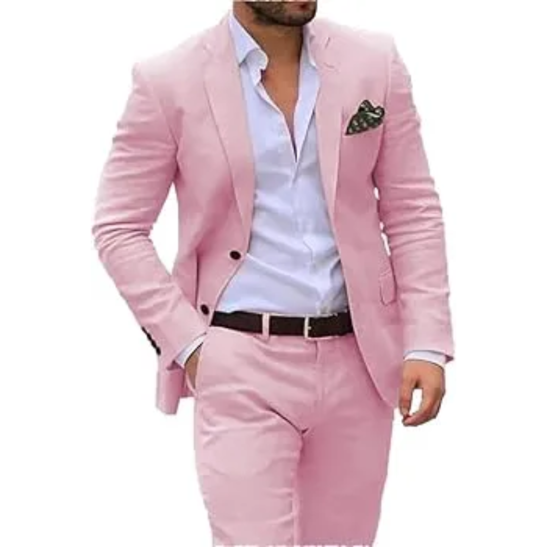 Men's Linen-Blend Suit Set with Notch Lapels and Two Buttons