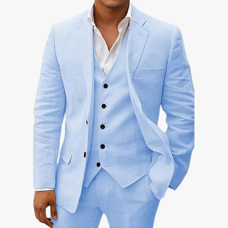 Men's Linen-Blend Suit with Notched Lapel and Button Vest