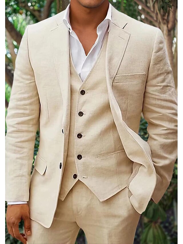 Men's Linen-Blend Suit with Notched Lapel and Button Vest