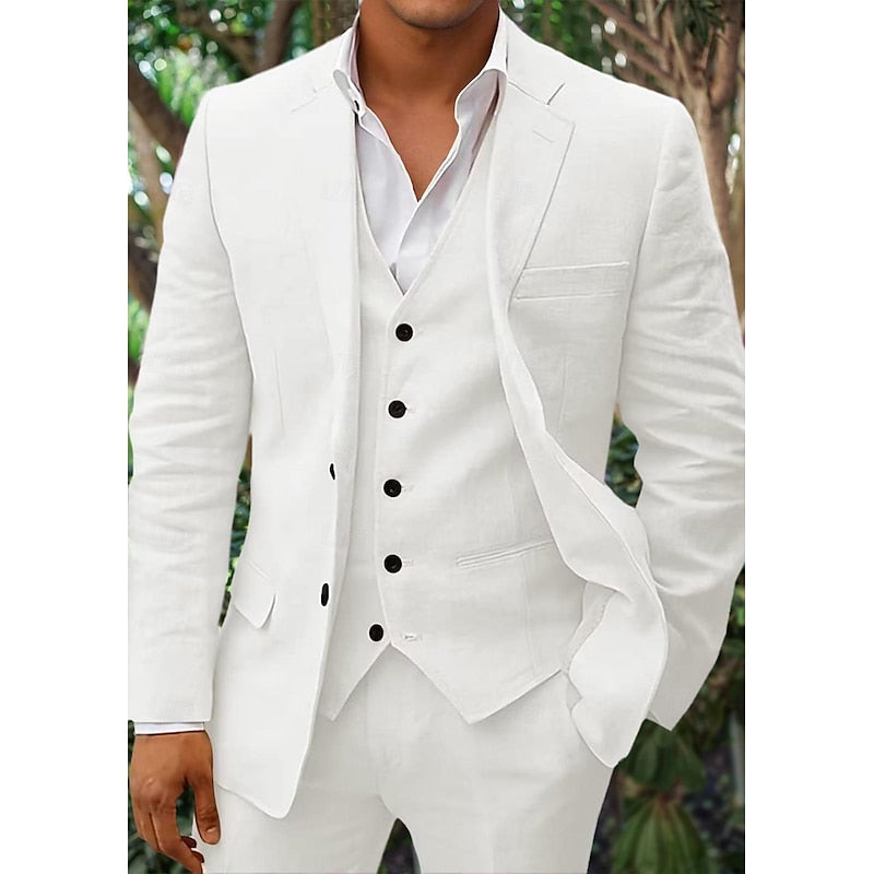 Men's Linen-Blend Suit with Notched Lapel and Button Vest