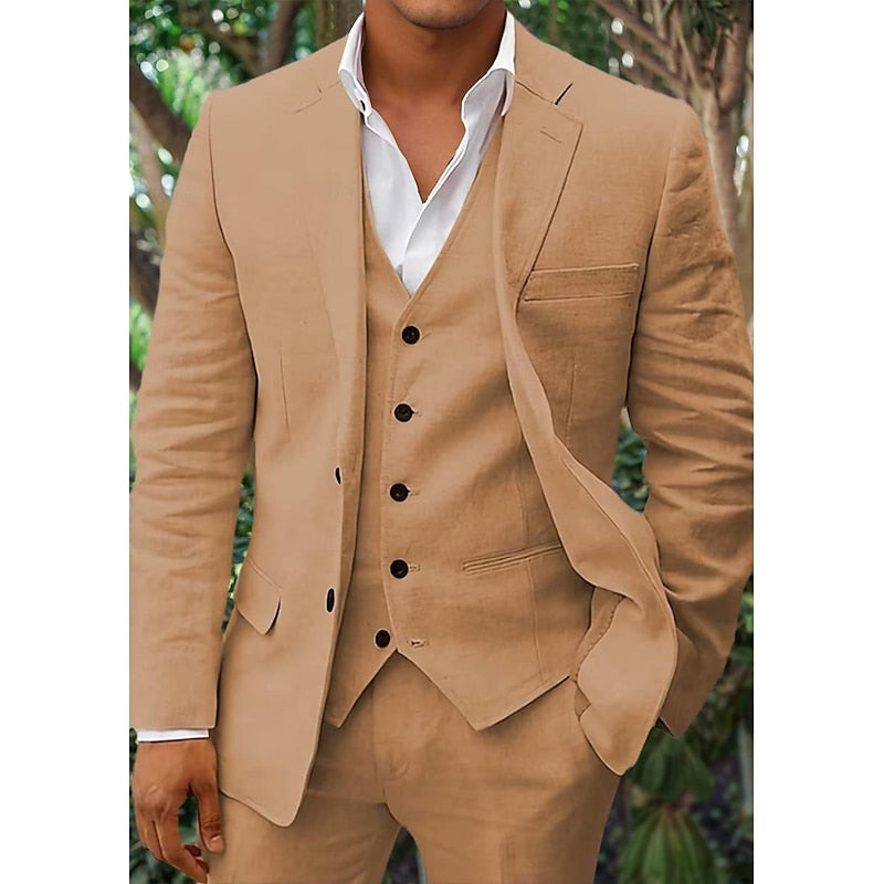 Men's Linen-Blend Suit with Notched Lapel and Button Vest