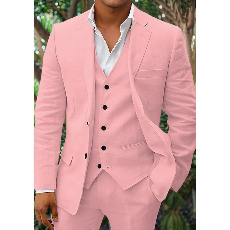 Men's Linen-Blend Suit with Notched Lapel and Button Vest