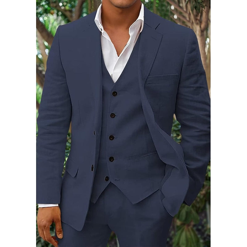 Men's Linen-Blend Suit with Notched Lapel and Button Vest