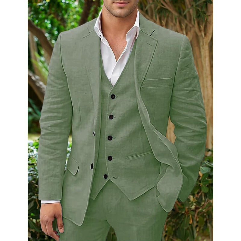Men's Linen-Blend Suit with Notched Lapel and Button Vest