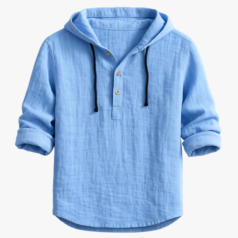 Men's Linen Hooded Shirt with Button Placket and Drawcords