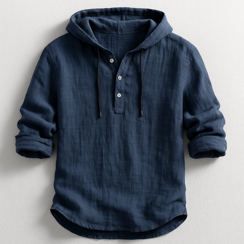Men's Linen Hooded Shirt with Button Placket and Drawcords