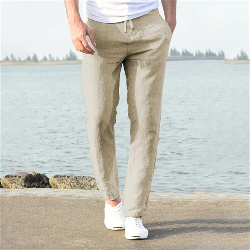 Men's Linen Pants with Drawstring Waist and Tapered Leg