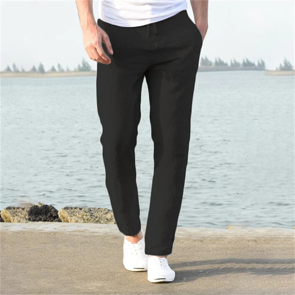 Men's Linen Pants with Drawstring Waist and Tapered Leg
