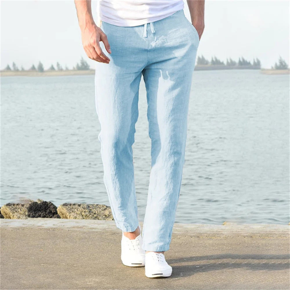 Men's Linen Pants with Drawstring Waist and Tapered Leg