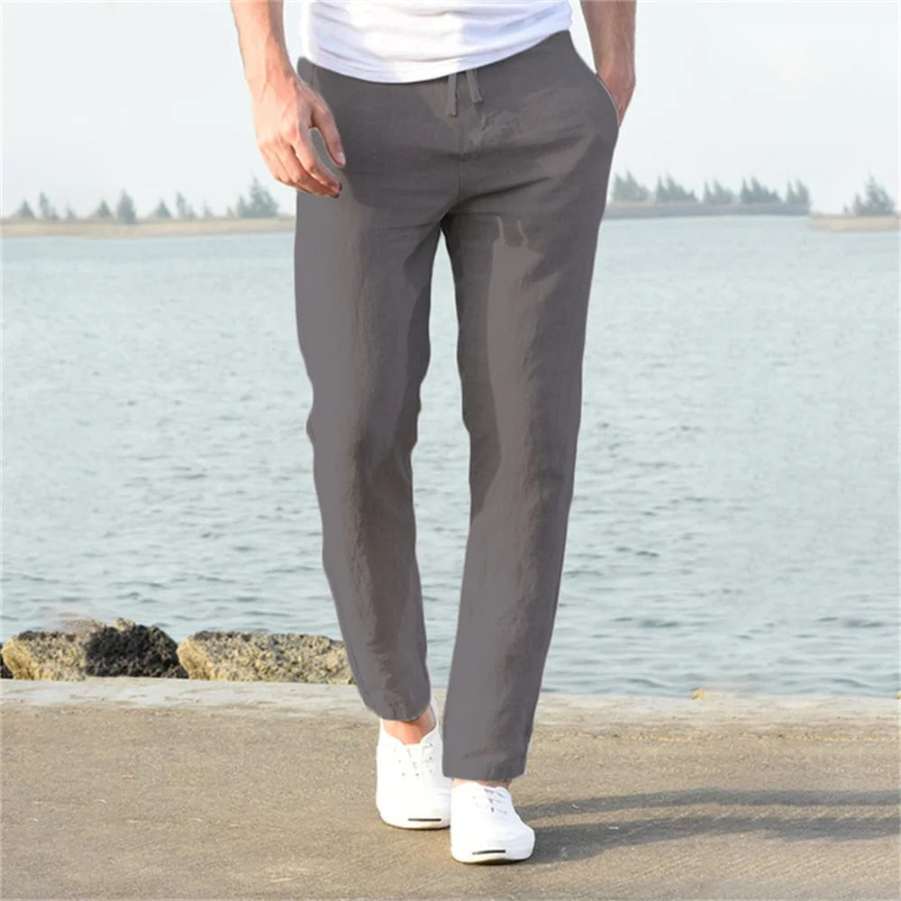 Men's Linen Pants with Drawstring Waist and Tapered Leg