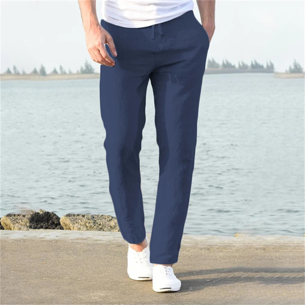 Men's Linen Pants with Drawstring Waist and Tapered Leg