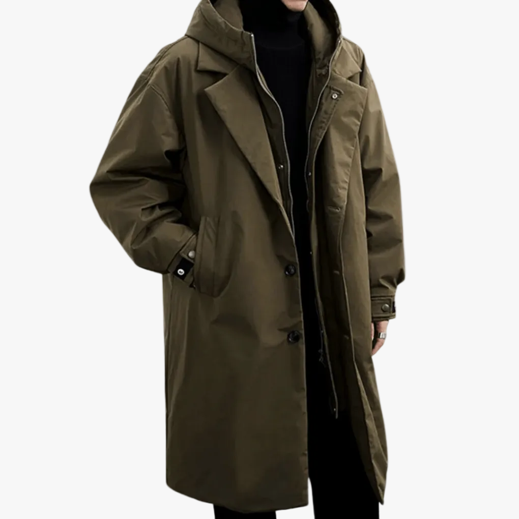 Men's Longline Shell Rain Coat with Hood and Snap Placket