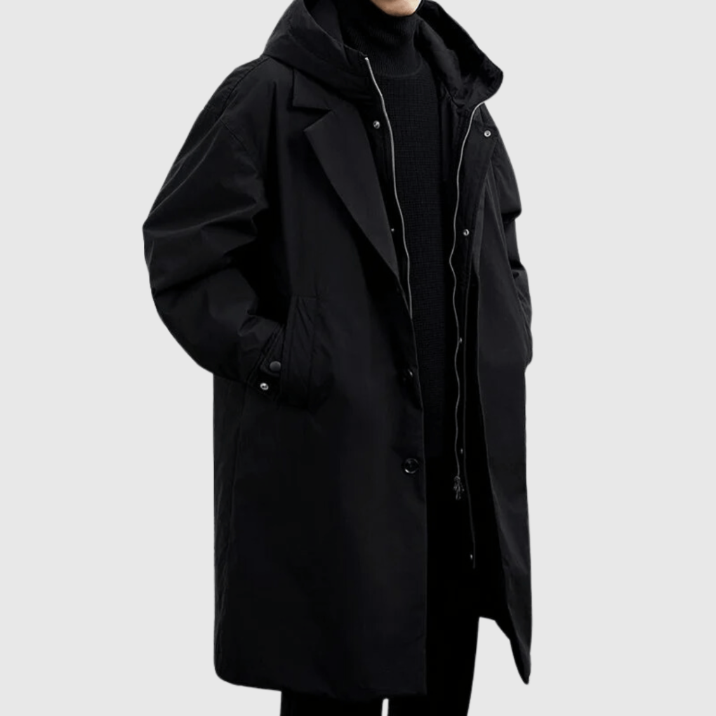 Men's Longline Shell Rain Coat with Hood and Snap Placket