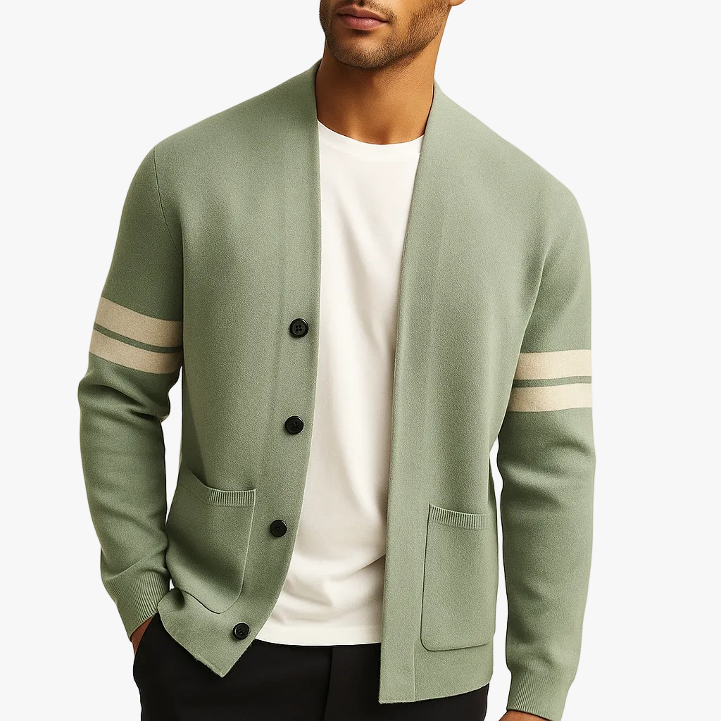 Men's Merino Blend Cardigan with Sleeve Stripes and Patch Pockets