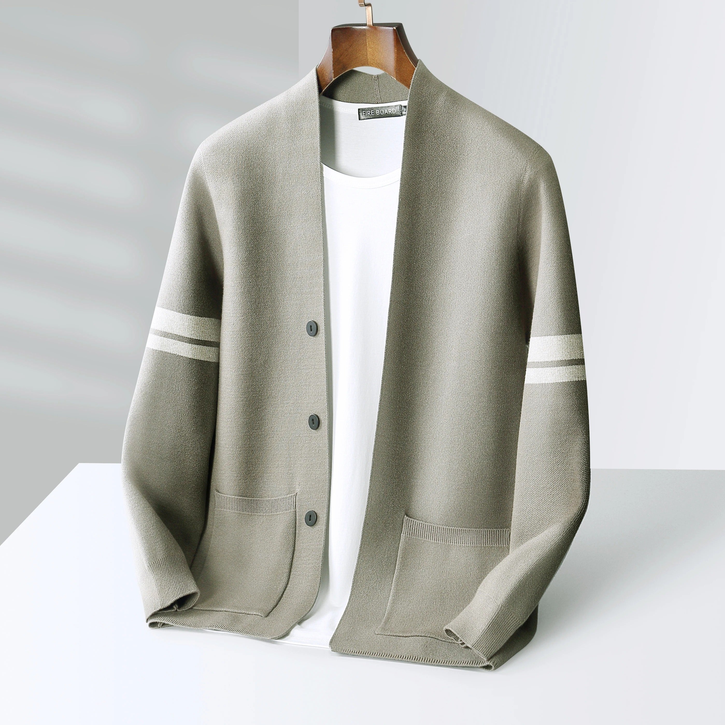 Men's Merino Blend Cardigan with Sleeve Stripes and Patch Pockets