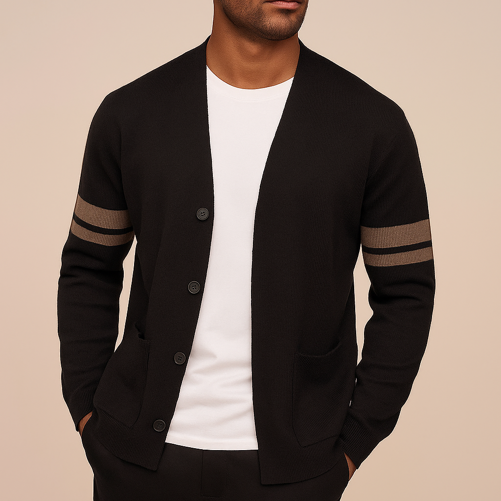 Men's Merino Blend Cardigan with Sleeve Stripes and Patch Pockets