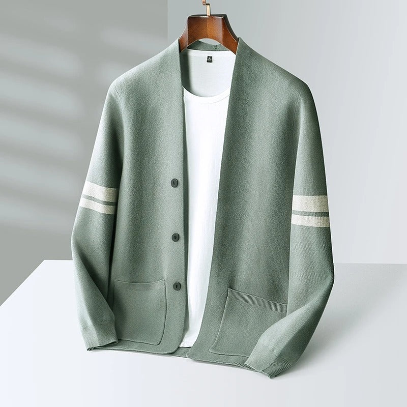 Men's Merino Blend Cardigan with Sleeve Stripes and Patch Pockets