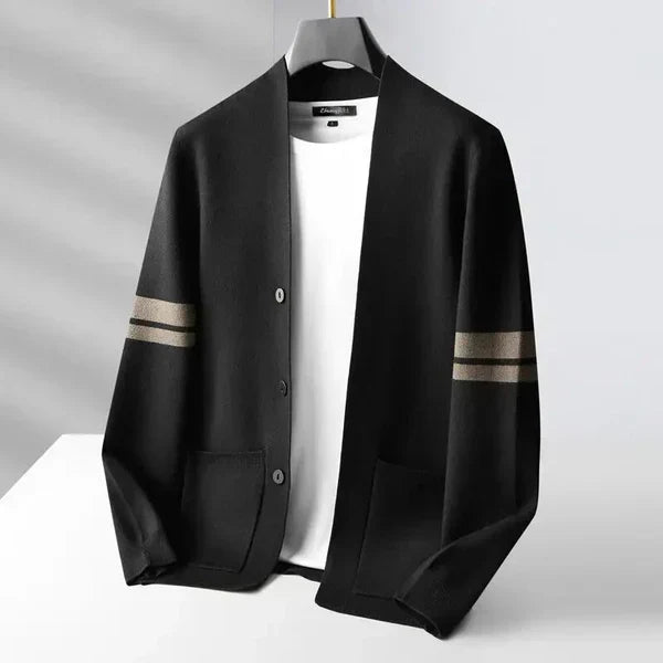 Men's Merino Blend Cardigan with Sleeve Stripes and Patch Pockets