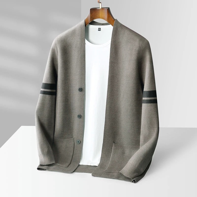 Men's Merino Blend Cardigan with Sleeve Stripes and Patch Pockets