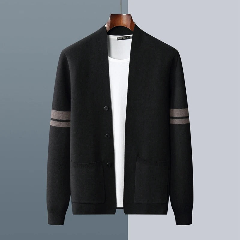 Men's Merino Blend Cardigan with Sleeve Stripes and Patch Pockets