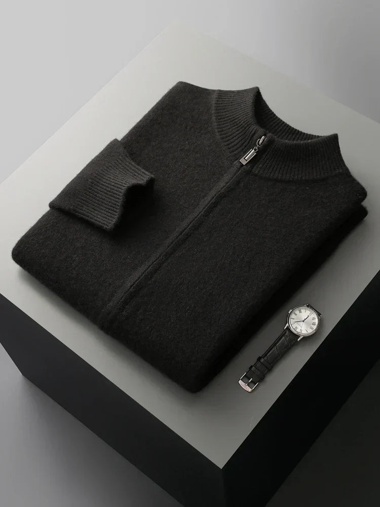 Men's Merino Cardigan with Full Zip and Mock Neck