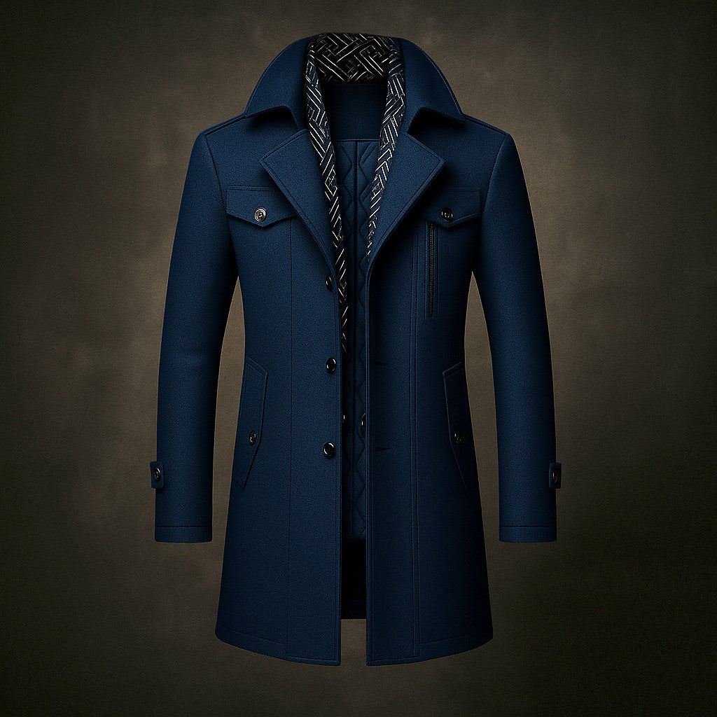 Men's Mid-Length Woven Coat with Double Collar and Button Front