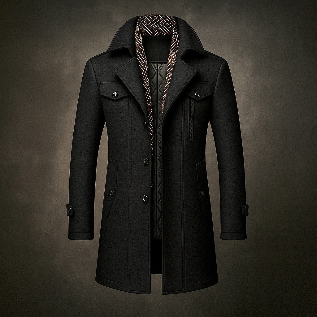 Men's Mid-Length Woven Coat with Double Collar and Button Front