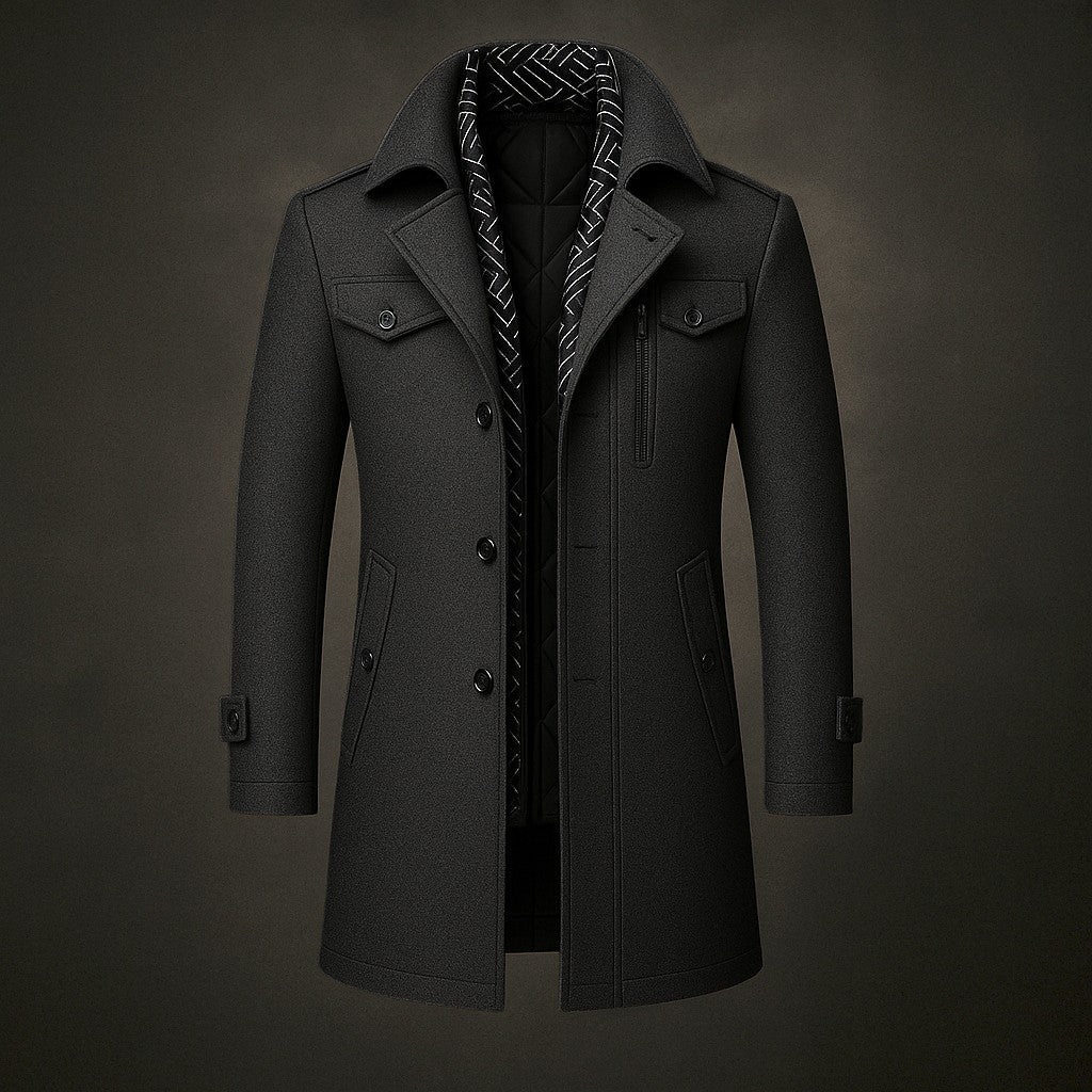 Men's Mid-Length Woven Coat with Double Collar and Button Front