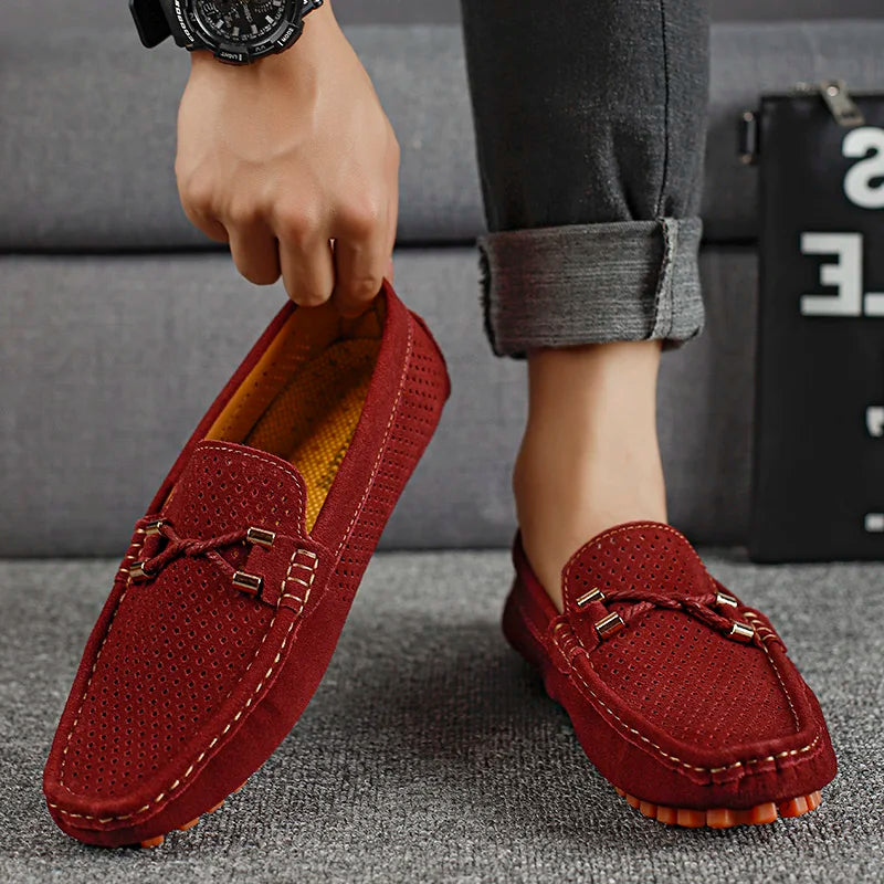 Men's Perforated Suede Loafers with Moc Toe and Bit Trim